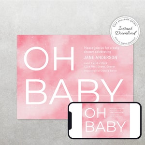 Editable and Customizable Modern Baby Shower Invitation Template - Pink Oh Baby