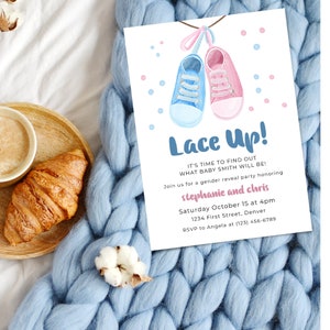 Lace Up! - Sneaker Shoe Gender Reveal Party Invite with Pink Shoe and Blue Shoe - Instant Edit and Download
