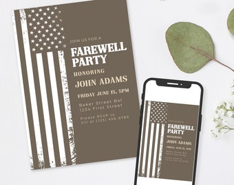 Military Themed Farewell Party Invitation Template with Vintage Flag - Instant Edit and Download