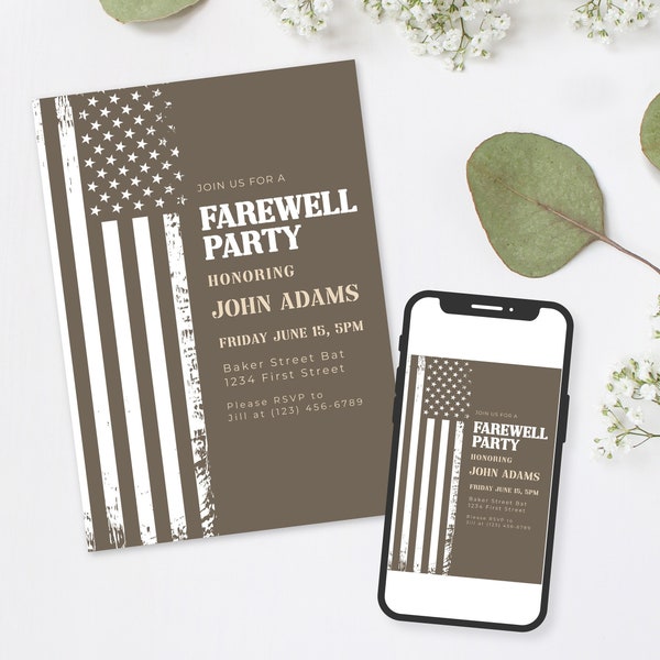 Military Themed Farewell Party Invitation Template with Vintage Flag - Instant Edit and Download