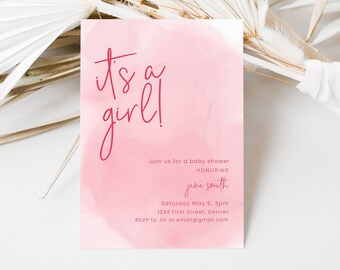 Puede incluir: Invitación a una fiesta de bienvenida al bebé de color rosa con el texto "It's a girl!" en letra rosa. La invitación incluye el nombre "Jane Smith", la fecha "sábado 5 de mayo, 3 pm", la dirección "1234 First Street, Denver" y la información de RSVP "RSVP a Jill en email@gmail.com".