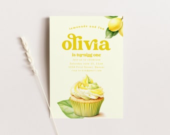 Lemon First Birthday Invitation Template: Cupcake, Girl (Instant Download)