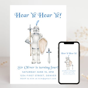 Hear Ye Hear Ye - Modern Minimalist Watercolor Medieval Knight Theme Birthday Party Invitation Template - Instant Edit and Download