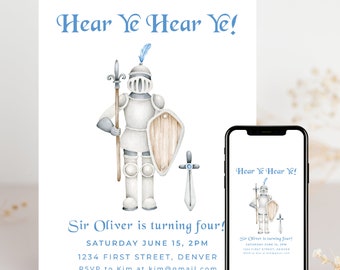 Hear Ye Hear Ye - Modern Minimalist Watercolor Medieval Knight Theme Birthday Party Invitation Template - Instant Edit and Download