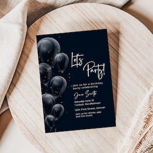¡Celebremos! Plantilla de invitación de cumpleaños con globos negros - 5 x 7 pulgadas - Edición y descarga instantáneas