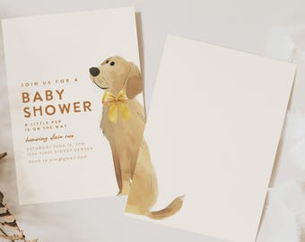 Może przedstawiać: Zaproszenie na baby shower z akwarelową ilustracją golden retrievera w żółtej kokardce. Tekst zaproszenia brzmi „Dołącz do nas na baby shower” i zawiera szczegóły wydarzenia. Projekt znajduje się na kremowej karcie.