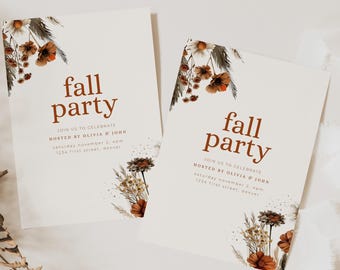 Fall Theme Party Invitation Template With Foliage and Flowers -  Instant Edit and Download - Housewarming, Anniversary, Birthday, Engagement