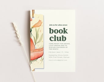 Simple Book Club Invitation Template with Bookmark - Customizable and Editable - Instant Edit and Download