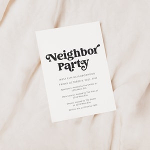 Modello di invito per cena progressiva Neighbor Block in font vintage - modifica e download immediati