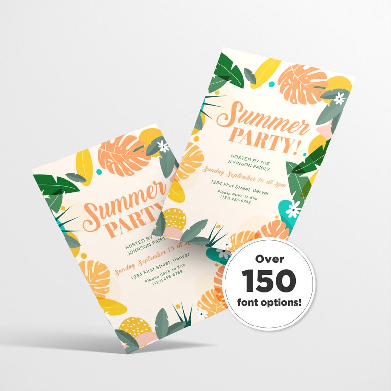 May include: Two printable invitations for a summer party with a tropical theme. The invitations feature a white background with colorful tropical leaves, flowers, and geometric shapes. The text on the invitations reads "Summer Party!" and includes the date, time, location, and RSVP information.