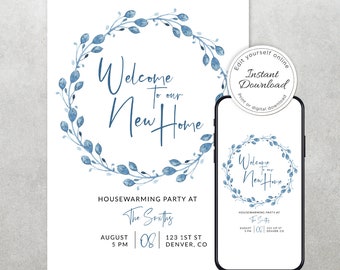 Blue Wreath Housewarming Invitation Template: Editable New Home (Digital Download)