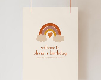 Cartel de bienvenida para fiesta de cumpleaños y baby shower con arcoíris: edición y descarga instantáneas