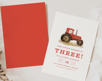 May include: A red tractor with a white background. The text reads "Our little farmer is three! It's Oliver's birthday. June 15, 11 AM. 1234 First Street, Denver. RSVP to Kim at kim@gmail.com".