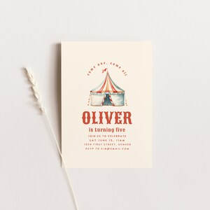 May include: A red and white striped circus tent with a blue and white canvas top. The text "come one, come all" is written in a circle around the tent. The text "OLIVER is turning five" is written below the tent. The invitation includes the date, time, and location of the party. RSVP to KIM@GMAIL.COM.