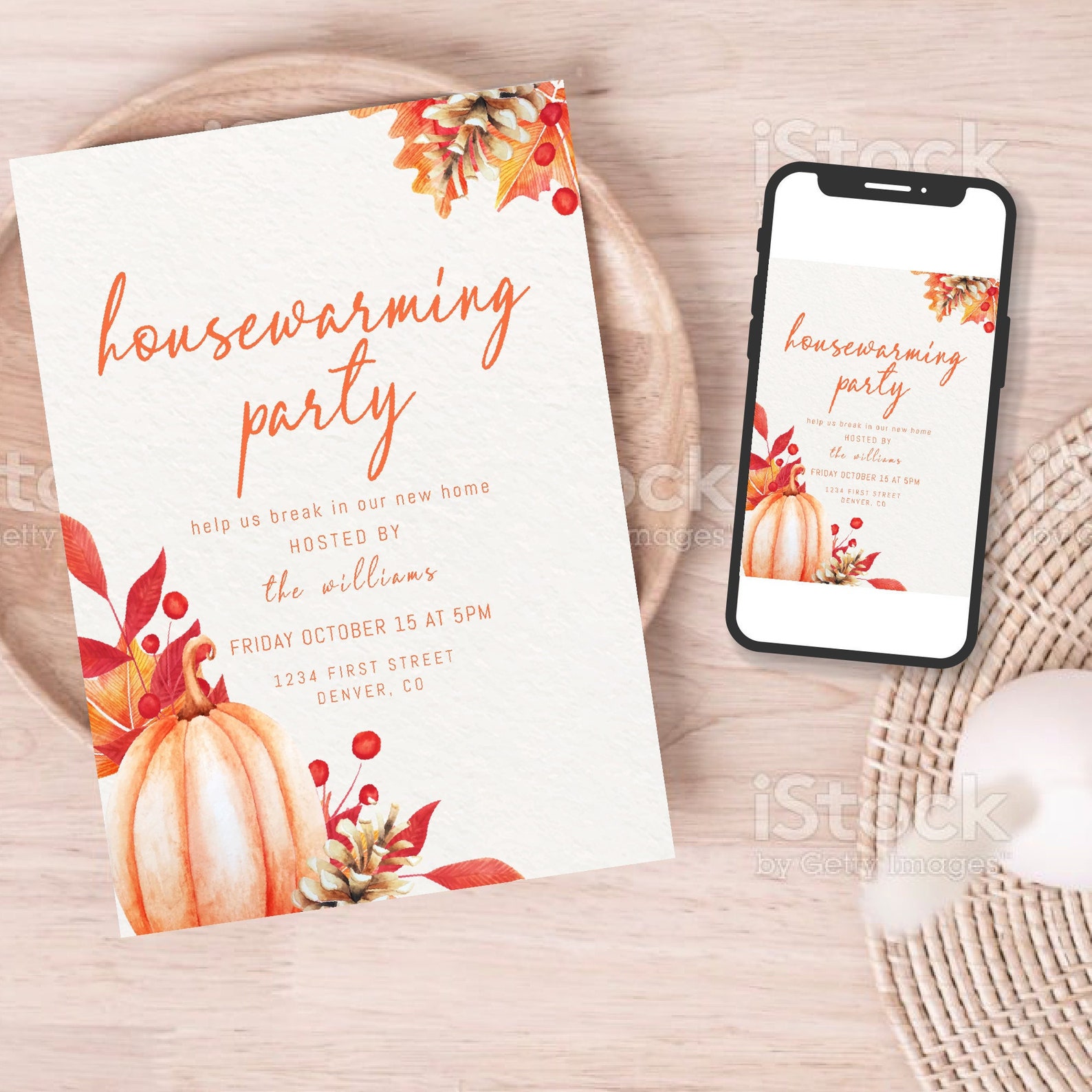 Fall Theme Housewarming Party Invitation Template With Bright Orange ...