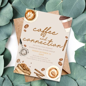 Koffie- en verbindingsbrunch, vergadering, meet en groene uitnodigingssjabloon met koffie - direct bewerken en downloaden