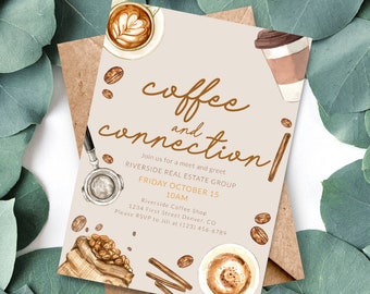 Coffee and Connection Brunch, Meeting, Meet and Green Invitation Template with Coffee - Instant Edit and Download