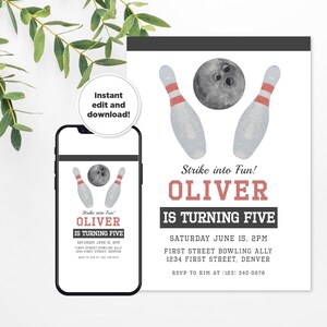 May include: A printable birthday invitation with a bowling theme. The invitation features a watercolor illustration of a bowling ball and pins. The text on the invitation reads "Strike into Fun! Oliver is turning five. Saturday June 15, 2PM. First Street Bowling Ally, 1234 First Street, Denver. RSVP to Kim at (123) 345-5678."