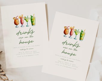 Drinks are on the House - Housewarming Invitation Template with Colorful Cocktails -  Print or text/email - Instant Edit and Download