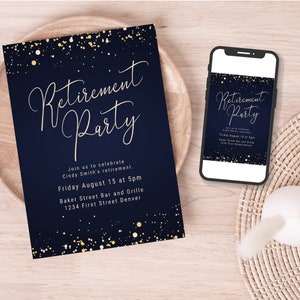 Blue and Gold Glitter Retirement Party Invitation Template - Print or text/email - Instant Edit and Download