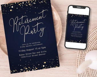 Blue and Gold Glitter Retirement Party Invitation Template - Print or text/email - Instant Edit and Download