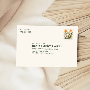 Modèle d'invitation de fête de retraite avec timbre de style carte postale - édition et téléchargement immédiats