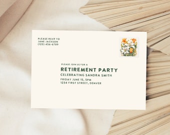 Fiesta de jubilación con plantilla de invitación estilo tarjeta postal con sello: edición y descarga instantáneas