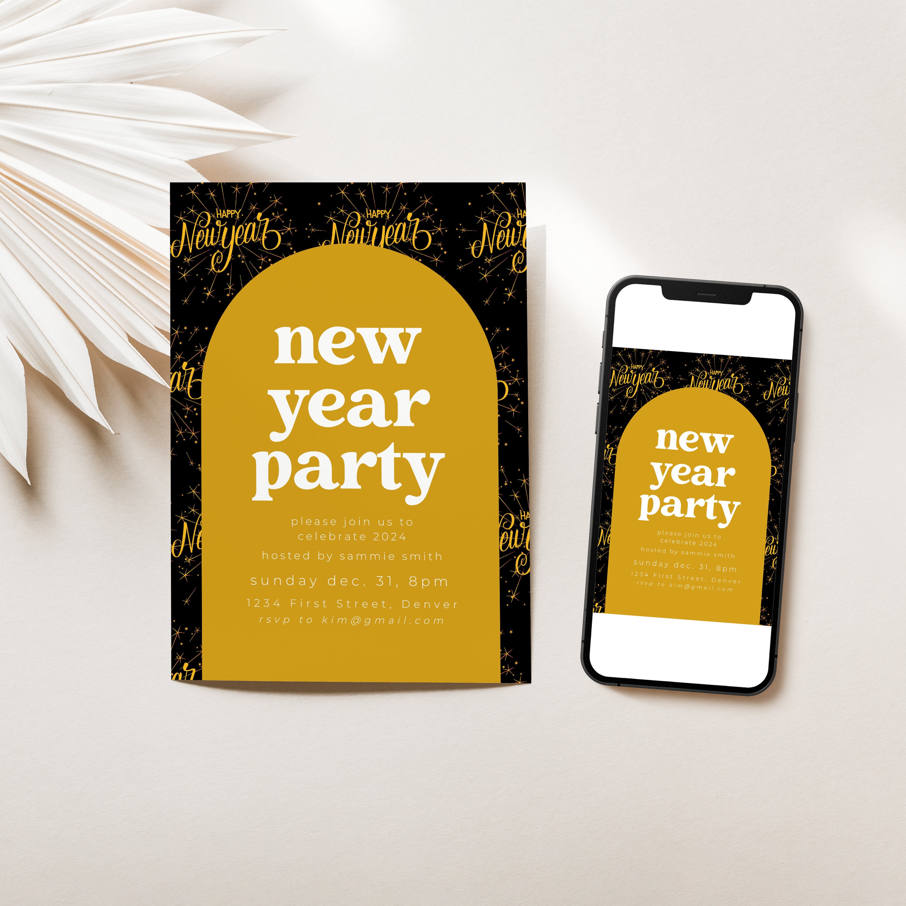 Plantilla de invitación para fiesta de Año Nuevo en negro y dorado ...