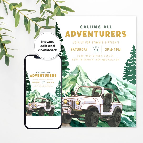 Calling All Adventurers! - Camping/Off-Roading Theme Birthday Party Invitation Template with Mountains and Trees - Any Age