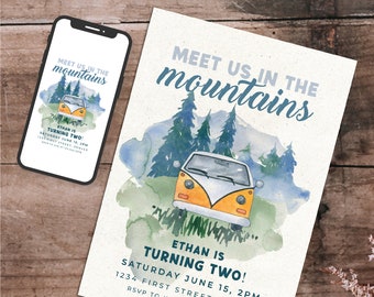 Invitación para fiesta de cumpleaños en la montaña: temática de furgoneta vintage (descarga digital)