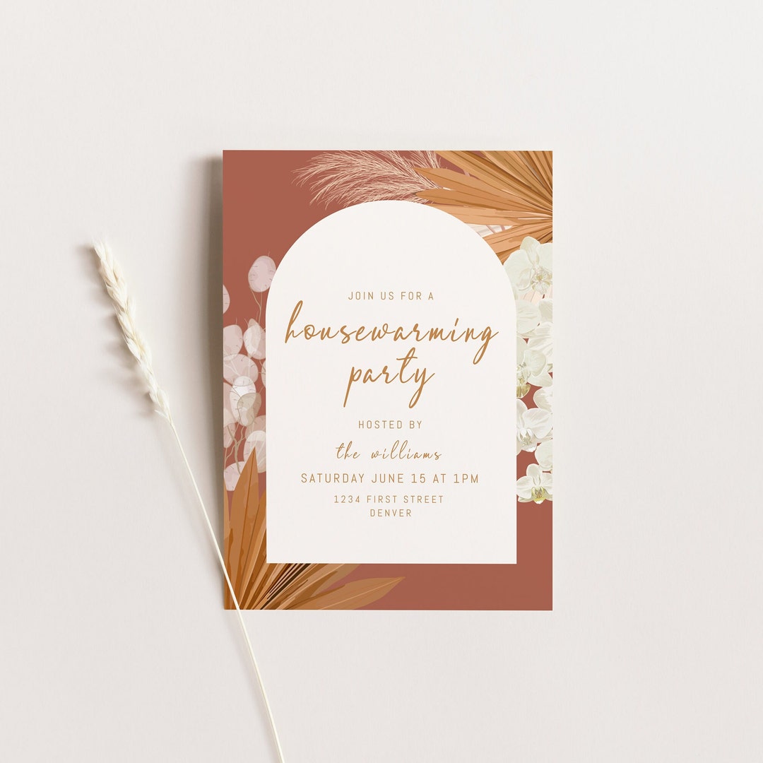 Boho Housewarming Party Invitation Template With Pampas Grass, Tropical ...