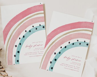 Plantilla de invitación para baby shower con arcoíris rosa y verde: edición y descarga instantáneas