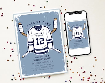 May include: A blue and white hockey jersey with the number 12 on the front. The jersey is crossed with two hockey sticks. The text "Skate On Over" is at the top of the invitation. The text "Cameron is turning 12" is below the jersey. The text "Join us for a birthday skate! Saturday June 4, 2PM River Run Ice Rink 1234 First Street, Denver RSVP to kim@gmail.com" is at the bottom of the invitation.