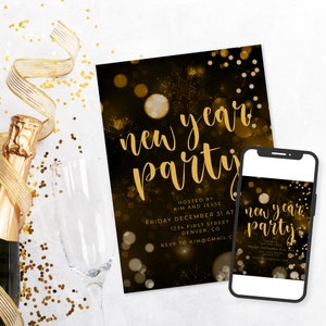 Gold Confetti New Year Party Invitation Template (Digital Download)