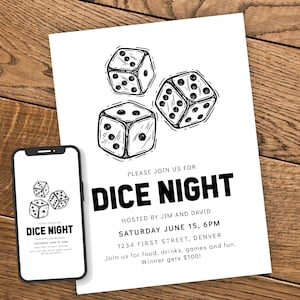 Spieleabend/Kartenabend/Würfelabend Einladungsvorlage mit Würfelset - Geburtstag/Einweihungsparty - Instant Edit und Download