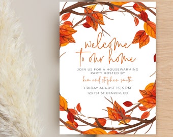 Fall Theme Wreath Housewarming Invitation Template with Red and Orange Leaves -  Instant Edit and Download