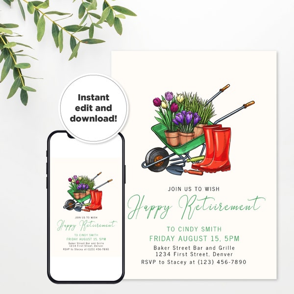 Gardening Theme Retirement Party Invitation Template - Editable and Customizable - Print or text/email