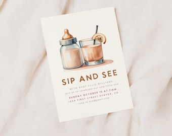 Sip and See Invitation Template with Beige Baby Bottle and Beige Cocktail Drink - Instant Edit and Download