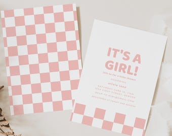 Pink Checkered Baby Shower Invitation Template (Digital Download)