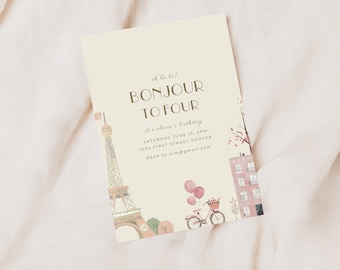 May include: A light pink and cream invitation card with a watercolor illustration of the Eiffel Tower, a bicycle with pink balloons, and a building. The text on the card reads "oh la la! Bonjour to Four it's Olivia's birthday Saturday June 15, 2PM 1234 First Street Denver RSVP to kim@gmail.com"