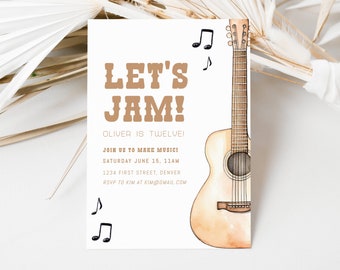 Western Let's Jam - Watercolor Music/Guitar Theme Birthday Party Invitation Template - Instant Edit and Download