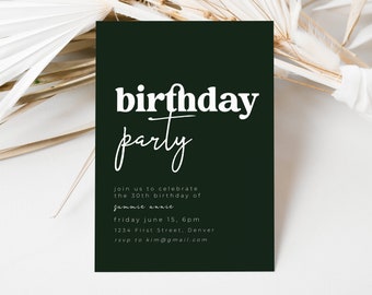 Plantilla de invitación para fiesta de cumpleaños verde oscuro (descarga digital)