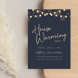 Housewarming Party Invitation Template with Hanging String Lights - Customize the Background - Instant Edit and Download