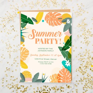 May include: A tropical-themed summer party invitation with a white background and colorful illustrations of palm leaves, flowers, and geometric shapes. The text reads "Summer Party! Hosted by the Johnson Family Sunday September 15 at 2pm 1234 First Street, Denver Please RSVP to Kim (123) 456-6789"