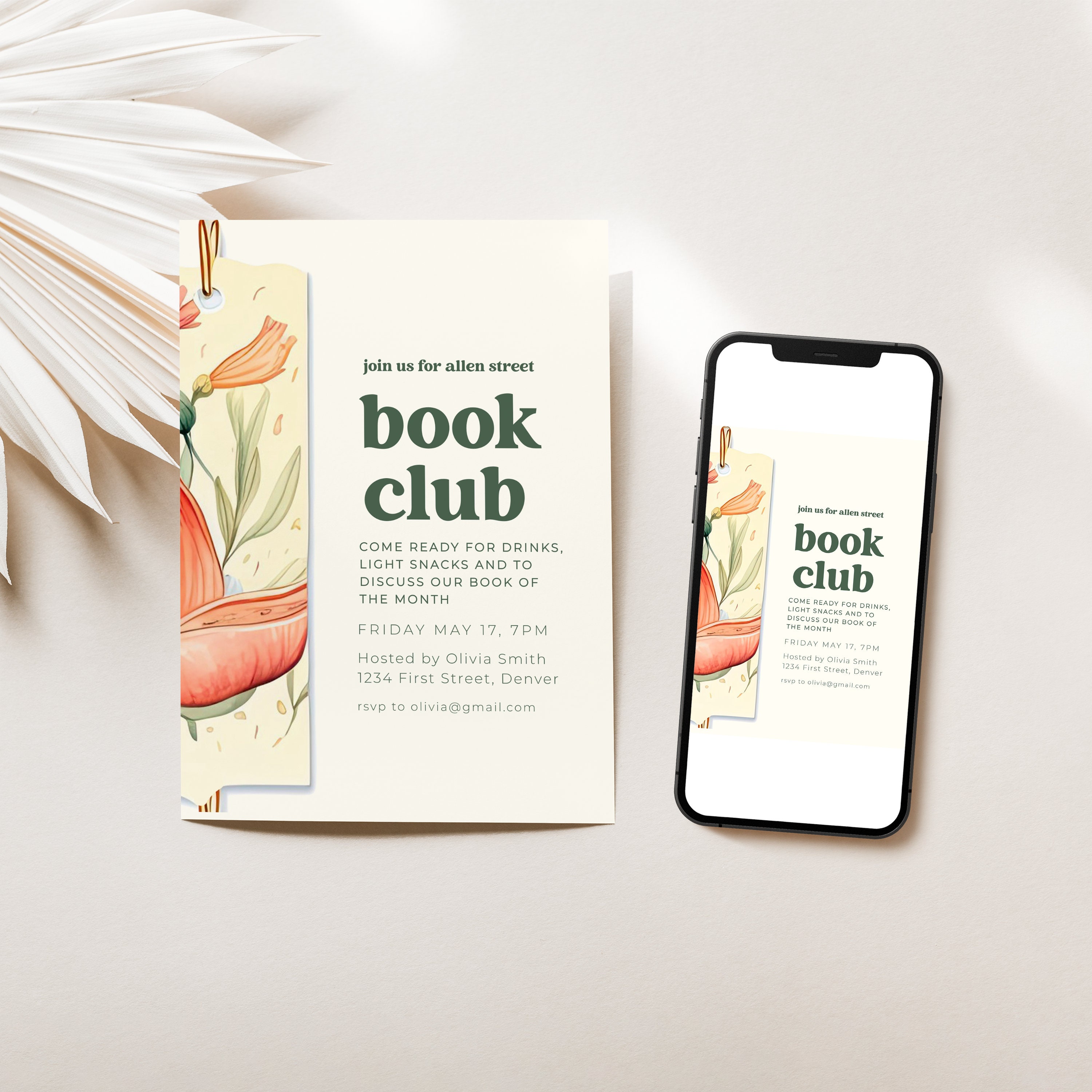 Simple Book Club Invitation Template With Bookmark - Customizable and ...