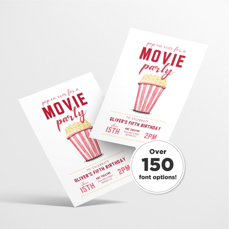 Pop on Over Movie Theme Birthday Party Invitation Template With Popcorn ...