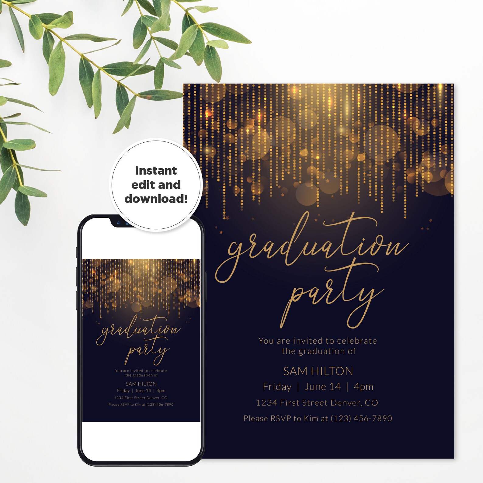 Editable and Customizable Black and Gold Glitter Graduation - Etsy
