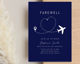 Farewell Party Invitation Template with Airplane and Location, Forming a Heart - Instant Edit and Download