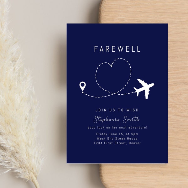 Farewell Party Invitation Template with Airplane and Location, Forming a Heart - Instant Edit and Download