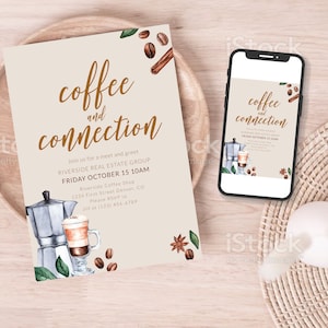 Puede incluir: Una tarjeta de invitación beige con texto marrón que dice "coffee and connection". La tarjeta presenta una ilustración de acuarela de una cafetera y una taza de café sobre un fondo marrón. El texto de la tarjeta incluye la fecha y la hora del evento, la ubicación y la información de contacto.